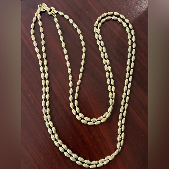 34" L (17" drop) Two Strand Yellow Gold Tone Beaded Chain Necklace - Picture 4 of 6